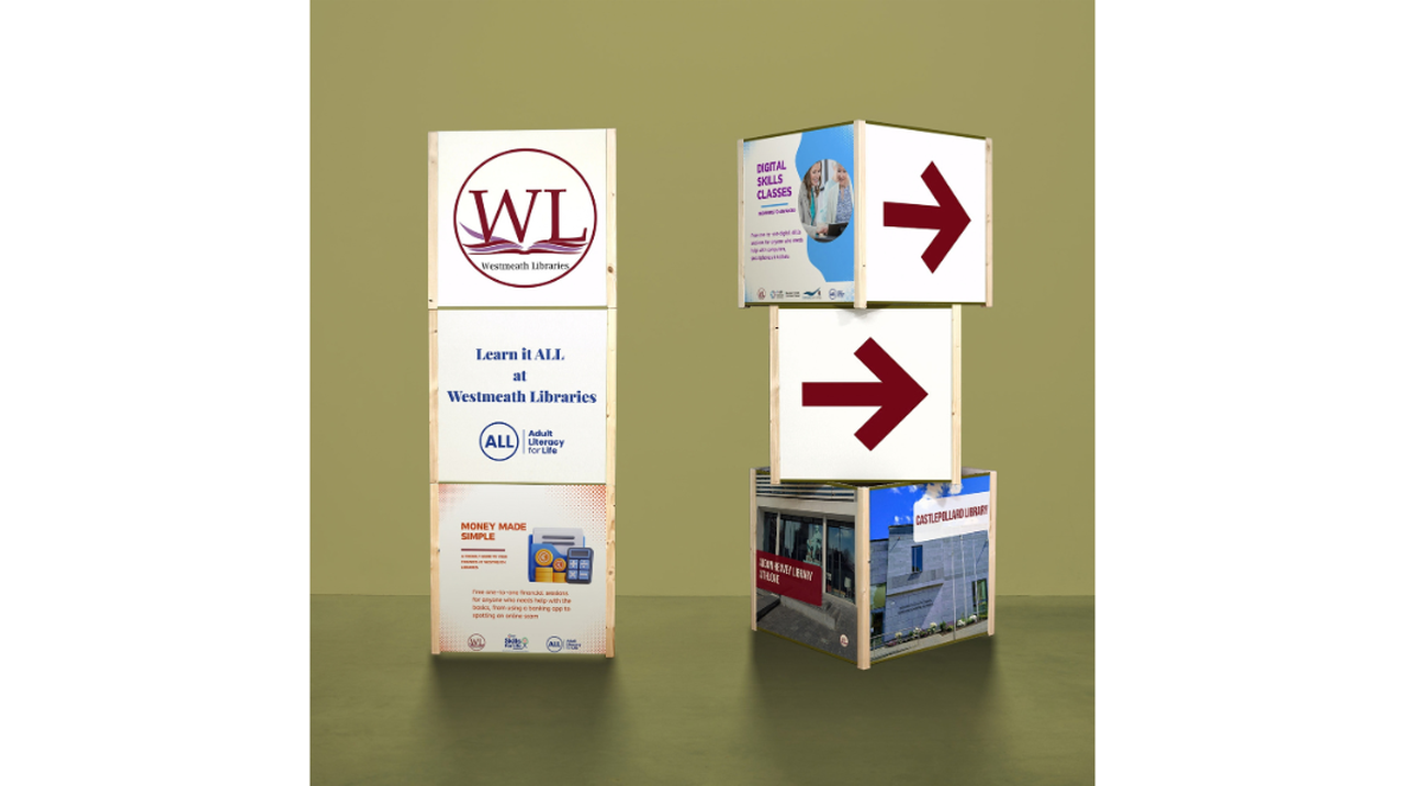 Two display stands with Westmeath Libraries promotional panels, featuring logos, direction arrows, and library event information on a beige background.